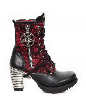 Black and red leather and lace ankle boots New Rock M.TR097-C2