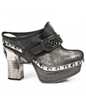 Black and silver leather clog New Rock M.Z002-C5